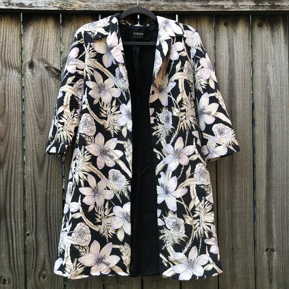 Dana Buchman 100% Silk Floral Jacket Size 8 Black White Snap Closure - Picture 14 of 16